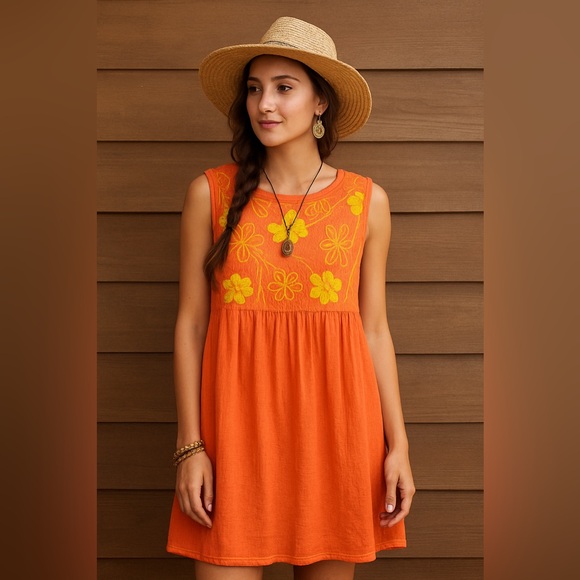 Uncle Frank Dresses & Skirts - Uncle Frank Anthropologie Orange Coral Floral Embroidered Babydoll Dress M/L